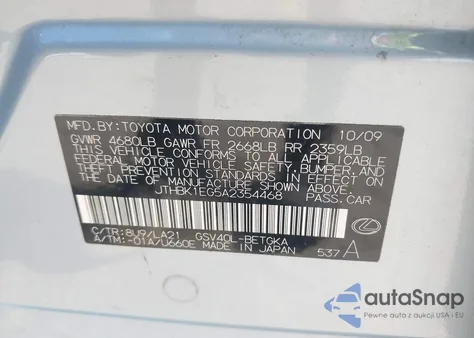 2010 Lexus Es 350 from USA, damaged, VIN JTHBK1EG5A2354468